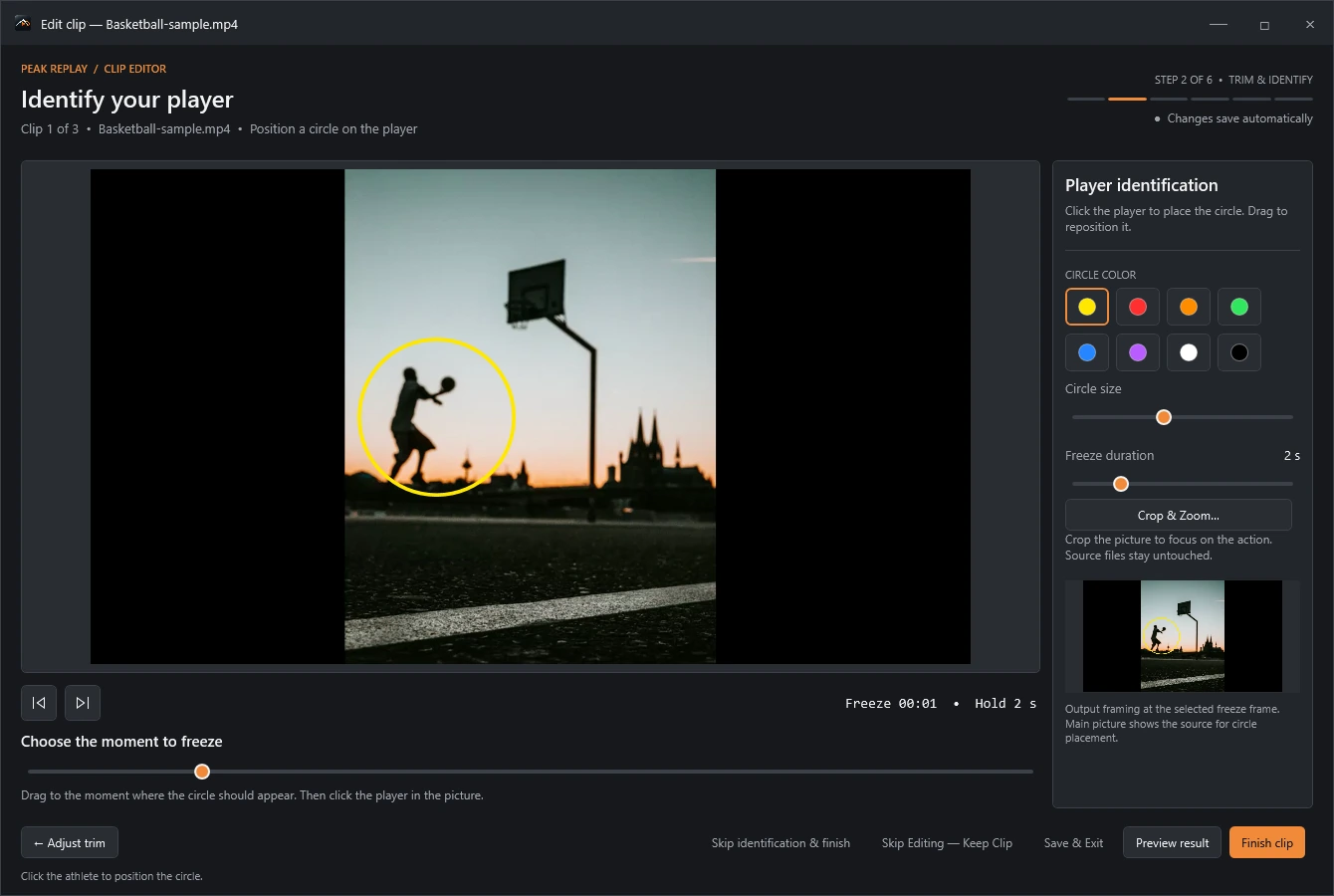 Actual Peak Replay clip editor with a sports sample, freeze-position slider and player identification controls